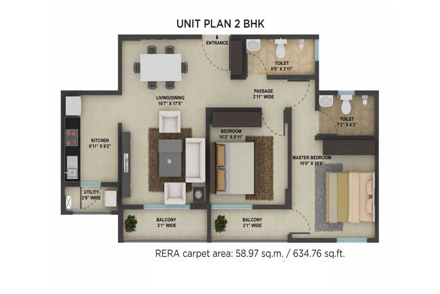 Floor plan of 2 BHK 635 Sq. Ft. Apartment in Tata New Haven, Palghar
