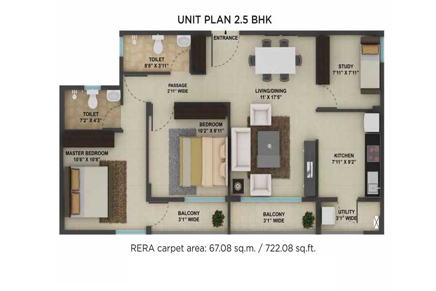 Floor plan of 2 BHK 722 Sq. Ft. Apartment in Tata New Haven Boisar 2, Palghar