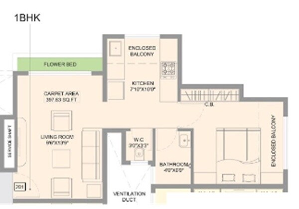 Floor plan of 1 BHK 307 Sq. Ft. Apartment in TDM Aarambh, Palghar