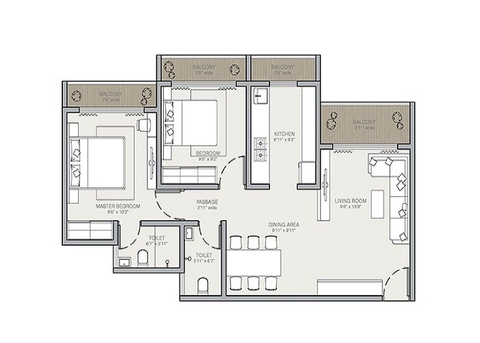 Floor plan of 2 BHK 511 Sq. Ft. Apartment in Techton Akhand, Palghar