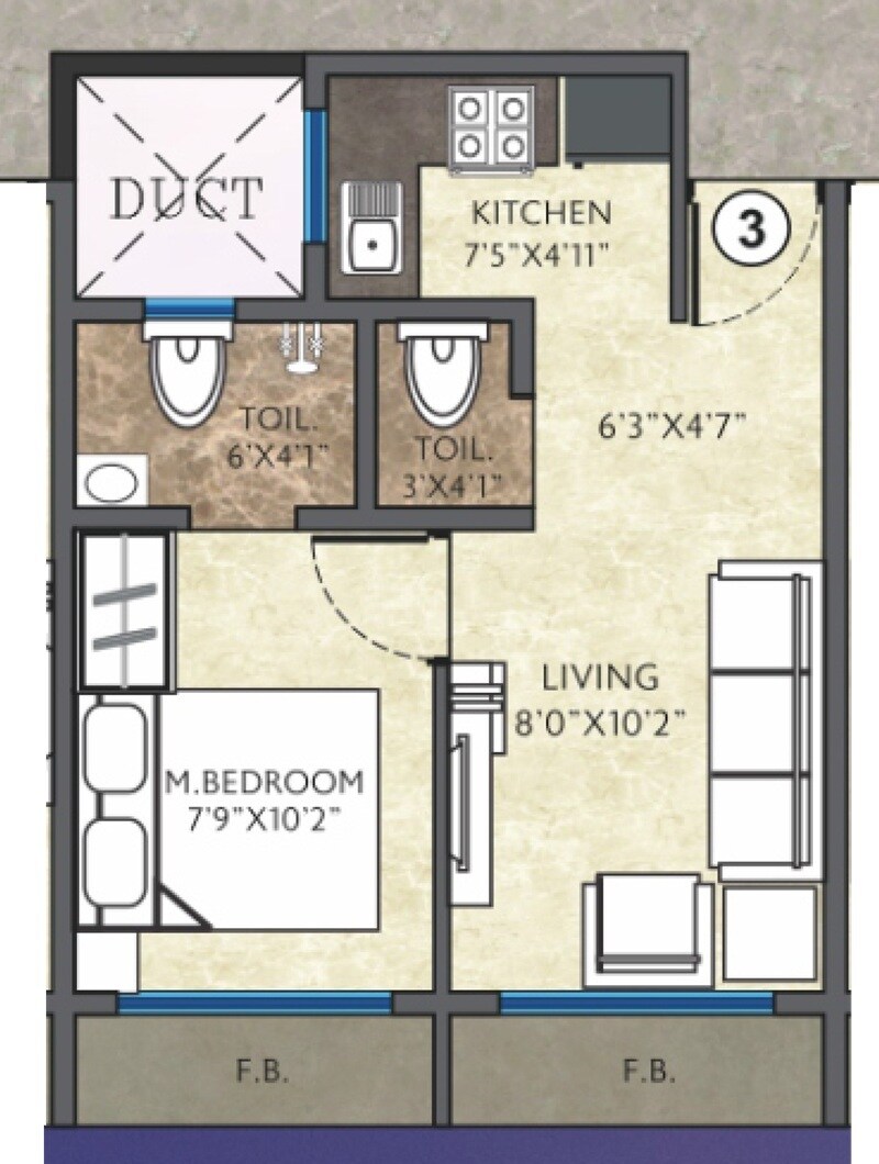 Floor plan of 1 BHK 290 Sq. Ft. Apartment in The Empire Krisha Heights, Palghar