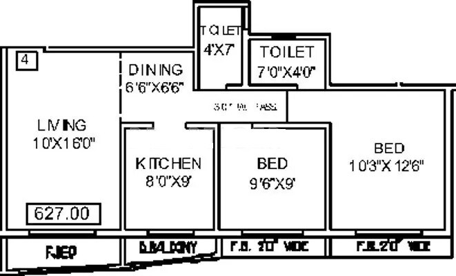 Floor plan of 2 BHK 520 Sq. Ft. Apartment in Toshiba Evershine Homes, Palghar