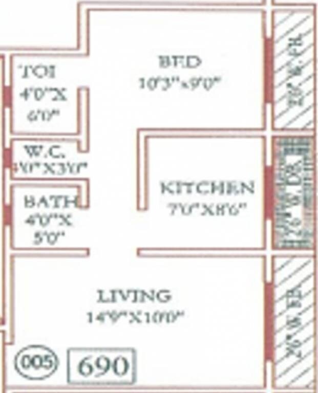 Floor plan of 1 BHK 690 Sq. Ft. Apartment in Trimurti Lakeview Apartments, Palghar