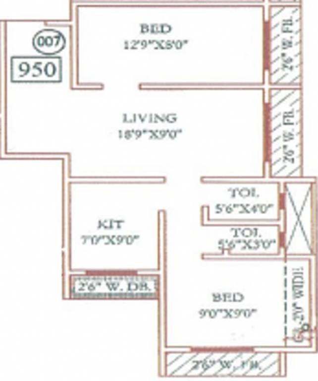 Floor plan of 2 BHK 950 Sq. Ft. Apartment in Trimurti Lakeview Apartments, Palghar