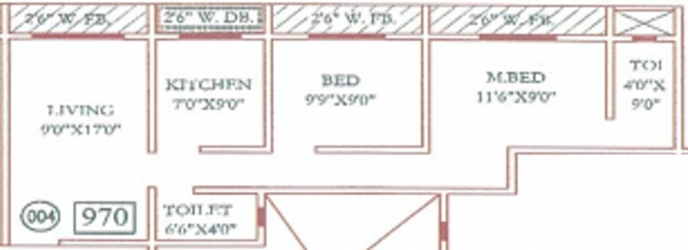 Floor plan of 2 BHK 970 Sq. Ft. Apartment in Trimurti Lakeview Apartments, Palghar