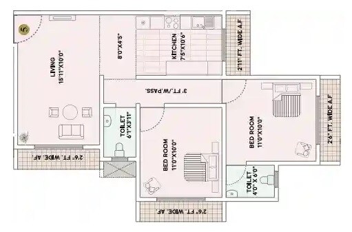 Floor plan of 2 BHK 633 Sq. Ft. Apartment in Trinity Towne Vista, Palghar