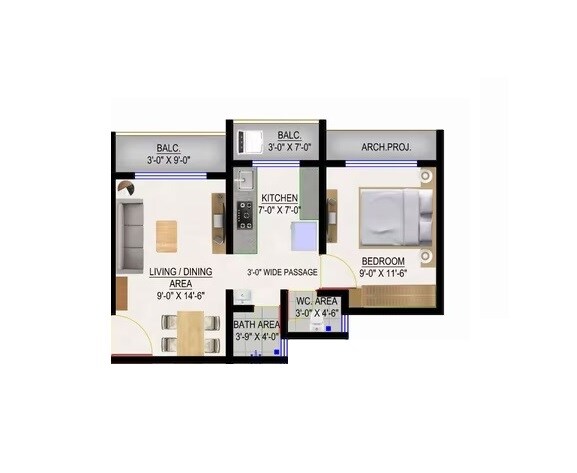 Floor plan of 1 BHK 337 Sq. Ft. Apartment in Trinity Villa, Palghar