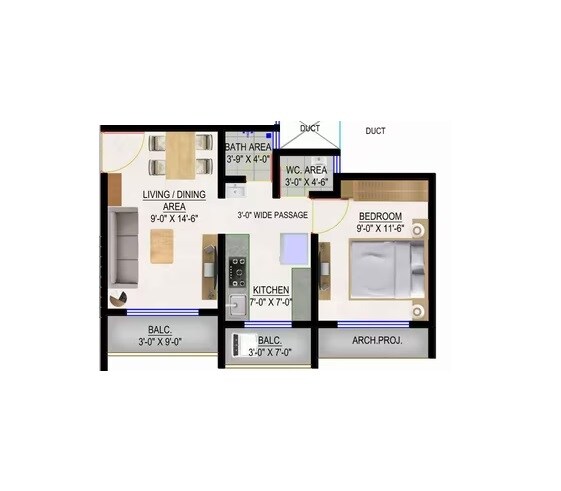 Floor plan of 1 BHK 354 Sq. Ft. Apartment in Trinity Villa, Palghar