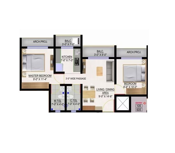 Floor plan of 2 BHK 468 Sq. Ft. Apartment in Trinity Villa, Palghar