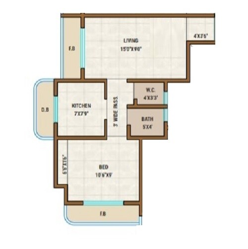 Floor plan of 1 BHK 359 Sq. Ft. Apartment in Unique Tower Panchali, Palghar