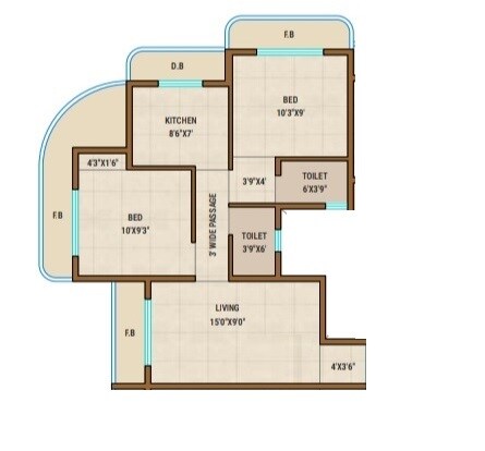 Floor plan of 2 BHK 431 Sq. Ft. Apartment in Unique Tower Panchali, Palghar