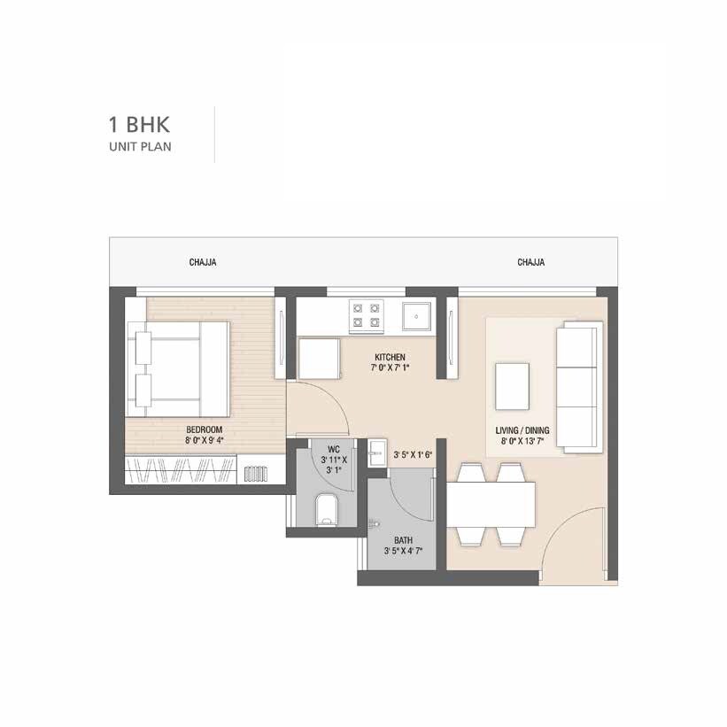 Floor plan of 1 BHK 285 Sq. Ft. Apartment in Unique Sky City, Palghar