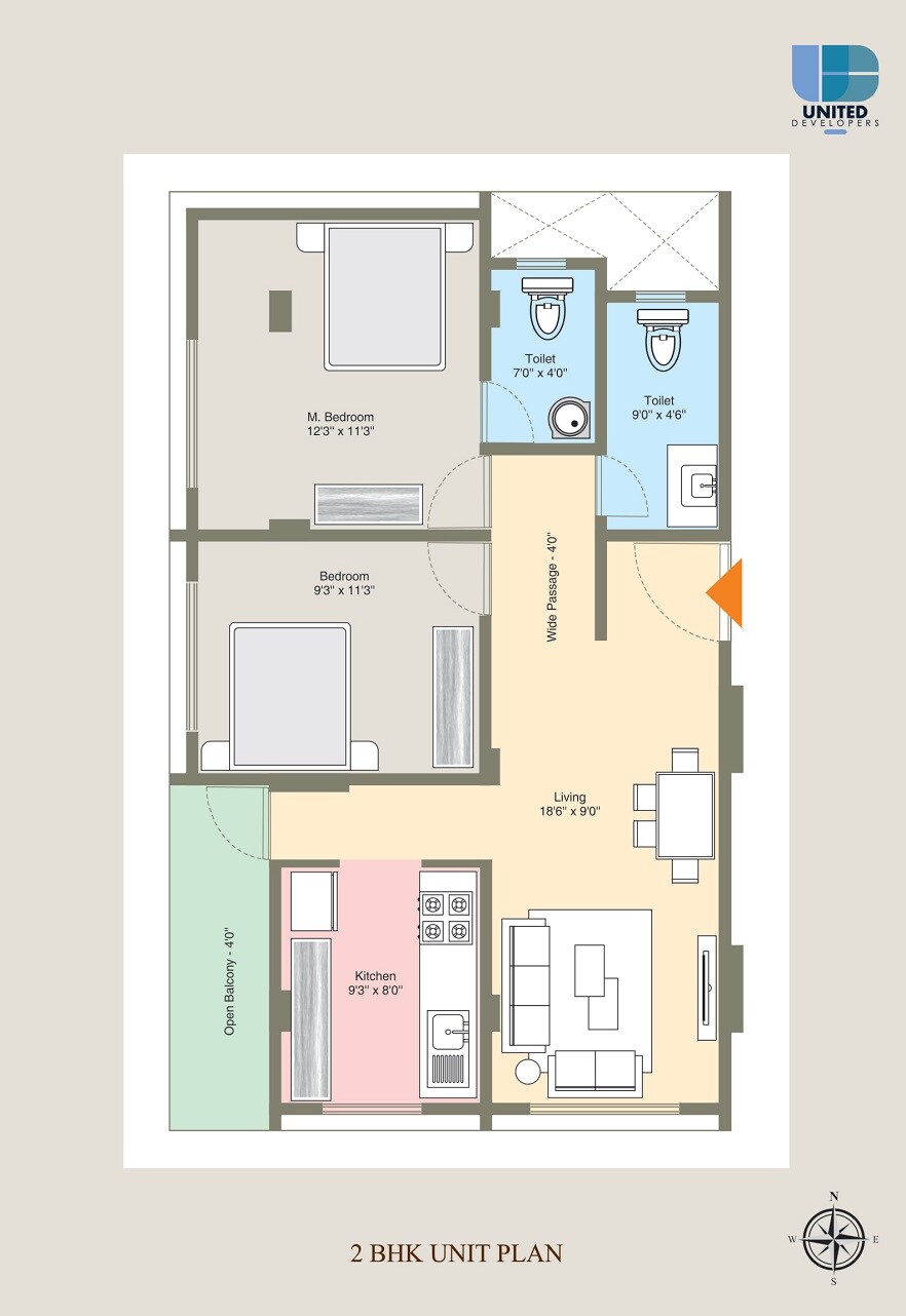 Floor plan of 2 BHK 707 Sq. Ft. Apartment in United Dev Laksh Pride, Palghar