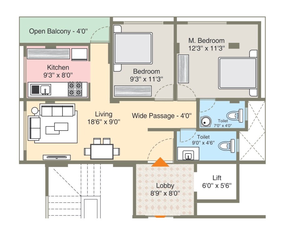 Floor plan of 2 BHK 713 Sq. Ft. Apartment in United Dev Laksh Pride, Palghar