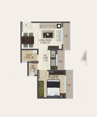 Floor plan of 1 BHK 345 Sq. Ft. Apartment in United Regency, Palghar