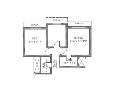 Floor plan of 2 BHK 505 Sq. Ft. Apartment in United Regency, Palghar