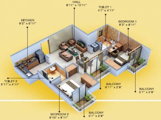 Floor plan of 2 BHK 714 Sq. Ft. Apartment in VBHC Evergreen, Palghar