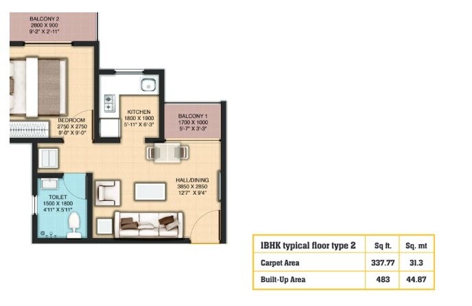 Floor plan of 1 BHK 338 Sq. Ft. Apartment in VBHC Greenwoods, Palghar