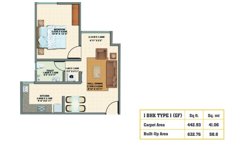 Floor plan of 1 BHK 443 Sq. Ft. Apartment in VBHC Greenwoods, Palghar