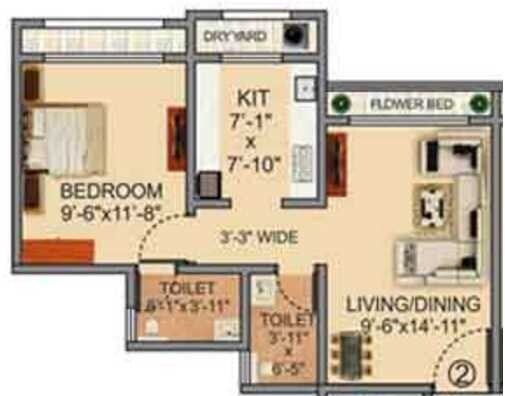 Floor plan of 1 BHK 590 Sq. Ft. Apartment in Veena Dynasty, Palghar