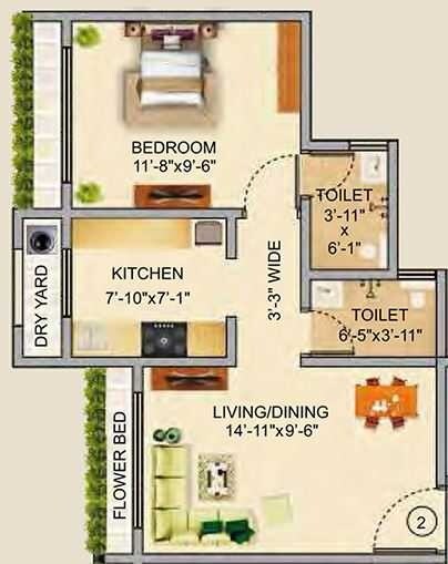 Floor plan of 1 BHK 370 Sq. Ft. Apartment in Veena Dynasty Phase 2, Palghar