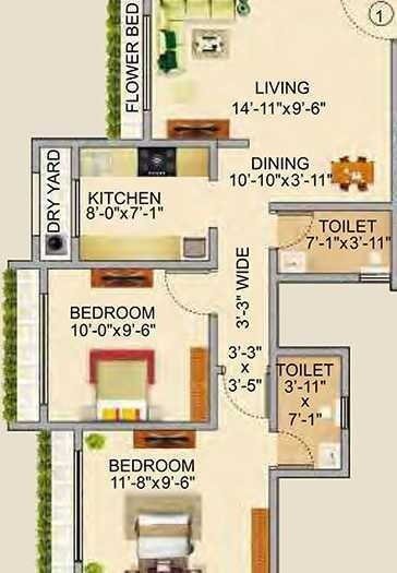 Floor plan of 2 BHK 555 Sq. Ft. Apartment in Veena Dynasty Phase 2, Palghar
