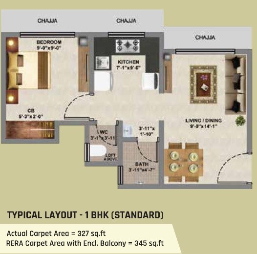 Floor plan of 1 BHK 345 Sq. Ft. Apartment in Veena Samrajya, Palghar