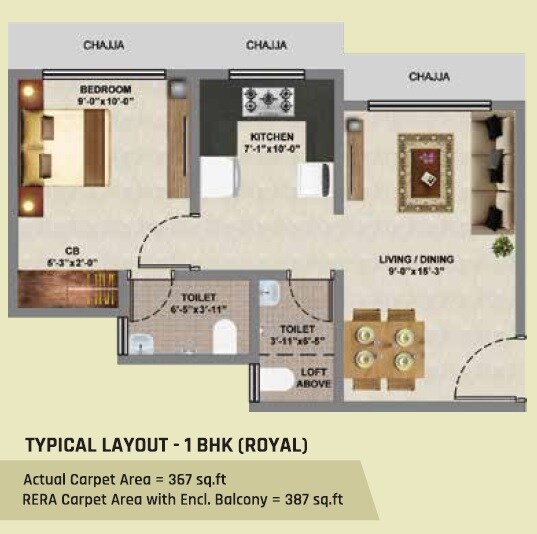Floor plan of 1 BHK 387 Sq. Ft. Apartment in Veena Samrajya, Palghar