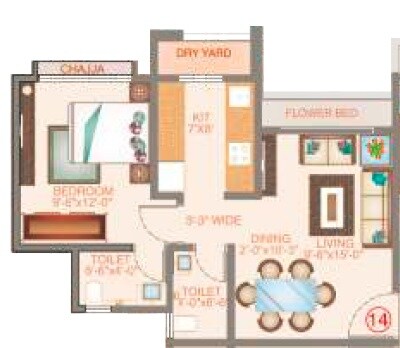 Floor plan of 1 BHK 389 Sq. Ft. Apartment in Veena Velocity Phase II, Palghar
