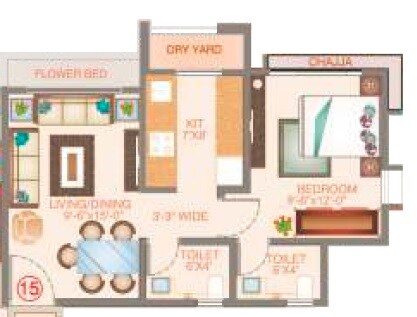 Floor plan of 1 BHK 406 Sq. Ft. Apartment in Veena Velocity Phase II, Palghar