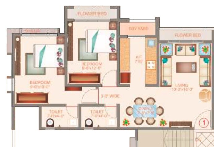 Floor plan of 2 BHK 591 Sq. Ft. Apartment in Veena Velocity Phase II, Palghar