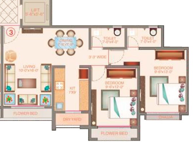 Floor plan of 2 BHK 602 Sq. Ft. Apartment in Veena Velocity Phase II, Palghar