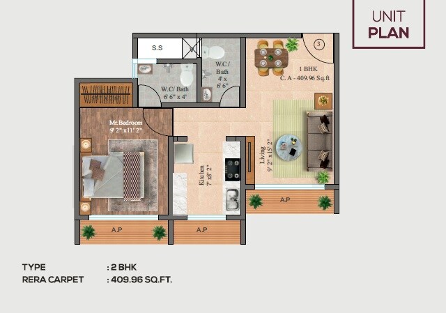 2 BHK 409 Sq. Ft. Apartment