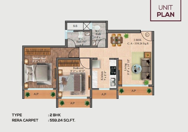 3 BHK 559 Sq. Ft. Apartment