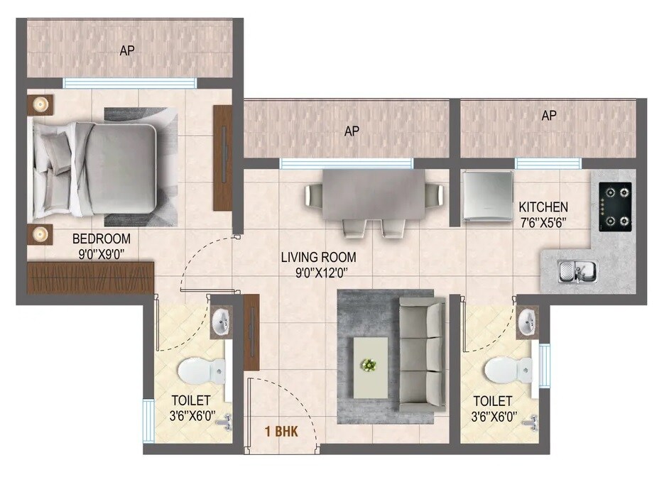 Floor plan of 1 BHK 354 Sq. Ft. Apartment in Vinay Super Homez Harmony, Palghar
