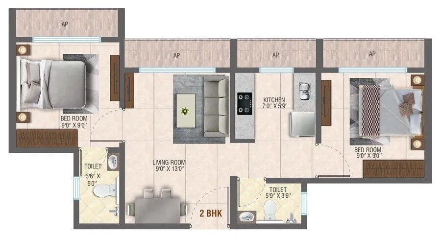 Floor plan of 2 BHK 479 Sq. Ft. Apartment in Vinay Super Homez Harmony, Palghar