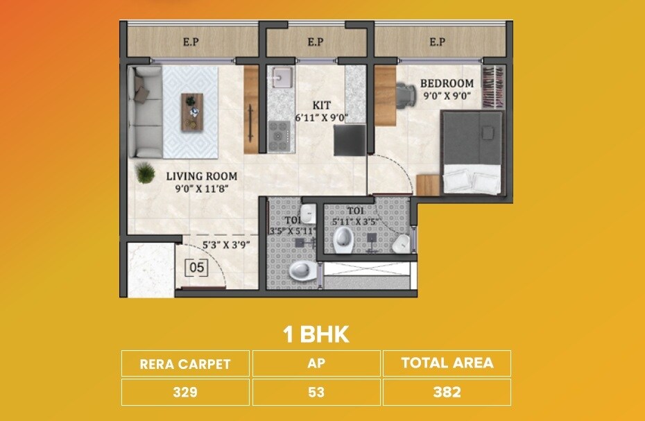 Floor plan of 1 BHK 382 Sq. Ft. Apartment in Vinay Super Homez Padmavati Paradise, Palghar