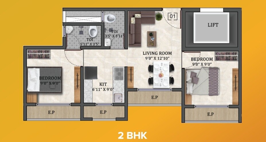 Floor plan of 2 BHK 495 Sq. Ft. Apartment in Vinay Super Homez Padmavati Paradise, Palghar