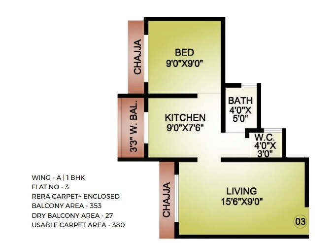 Floor plan of 1 BHK 380 Sq. Ft. Apartment in Vinay Unique Avenue 210, Palghar