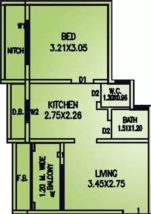 Floor plan of 1 BHK 338 Sq. Ft. Apartment in Vinay Unique Gardens, Palghar