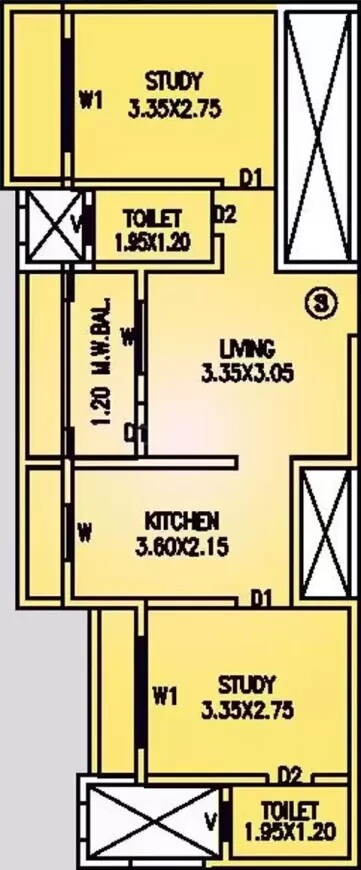 Floor plan of 2 BHK 498 Sq. Ft. Apartment in Vinay Unique Gardens, Palghar