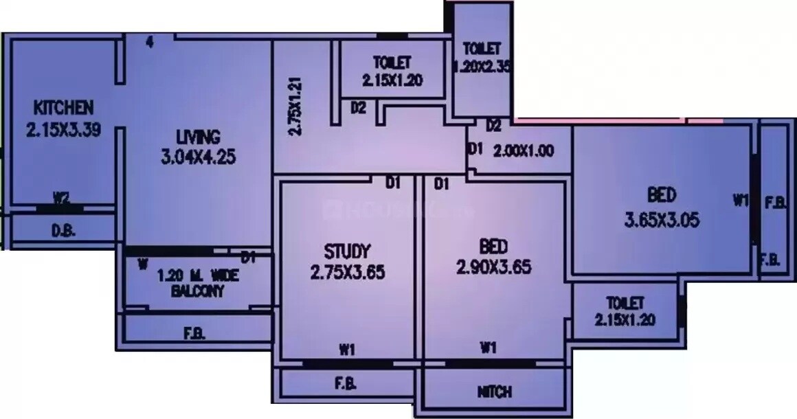 Floor plan of 3 BHK 799 Sq. Ft. Apartment in Vinay Unique Gardens, Palghar