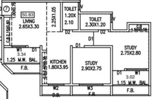 Floor plan of 2 BHK 500 Sq. Ft. Apartment in Vinay Unique Homes, Palghar