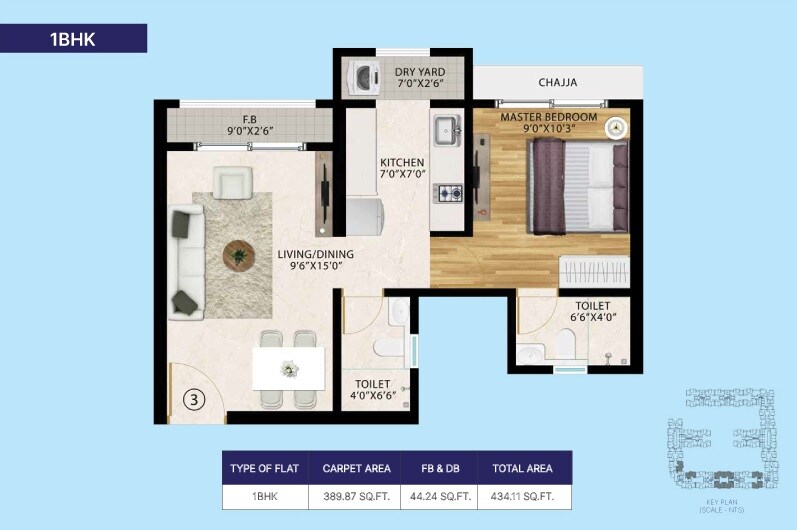 Floor plan of 1 BHK 434 Sq. Ft. Apartment in Vinay Unique Sky, Palghar