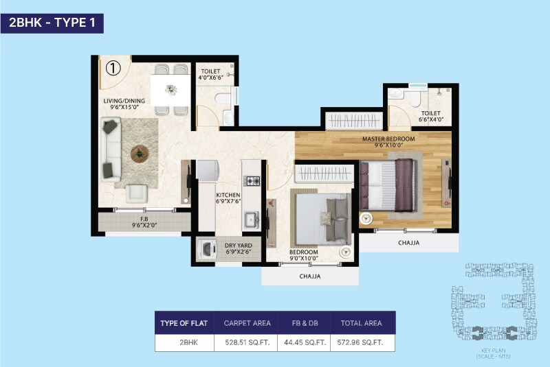Floor plan of 2 BHK 573 Sq. Ft. Apartment in Vinay Unique Sky, Palghar