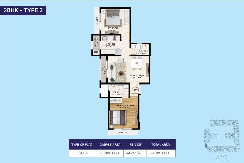 Floor plan of 2 BHK 581 Sq. Ft. Apartment in Vinay Unique Sky, Palghar