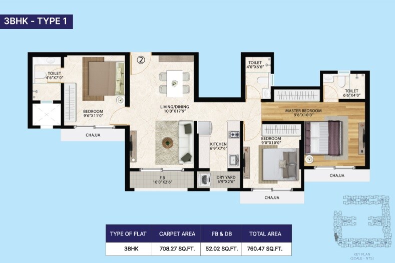 Floor plan of 3 BHK 760 Sq. Ft. Apartment in Vinay Unique Sky, Palghar