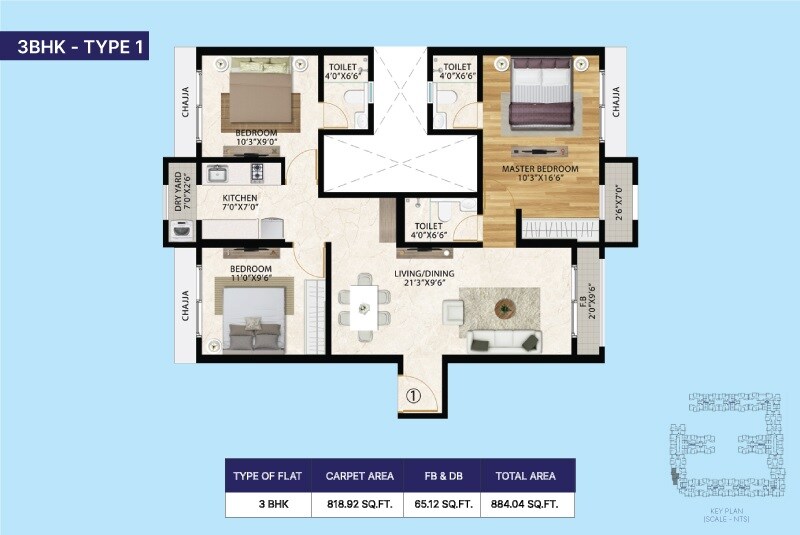 Floor plan of 3 BHK 884 Sq. Ft. Apartment in Vinay Unique Sky, Palghar