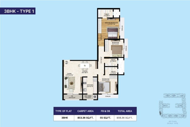Floor plan of 3 BHK 908 Sq. Ft. Apartment in Vinay Unique Sky, Palghar