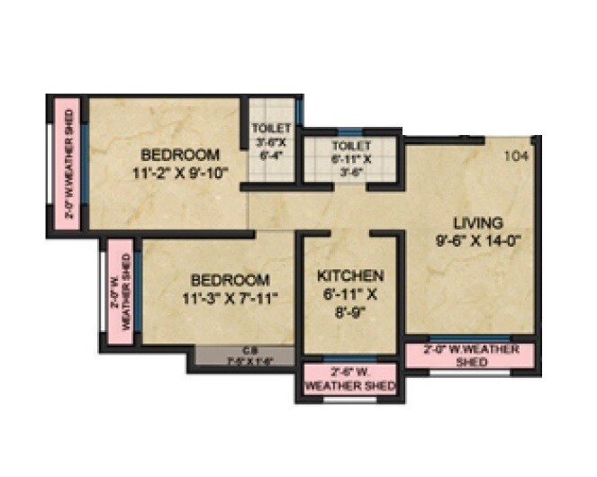 Floor plan of 2 BHK 436 Sq. Ft. Apartment in Vinayak Mahavir Complex, Palghar